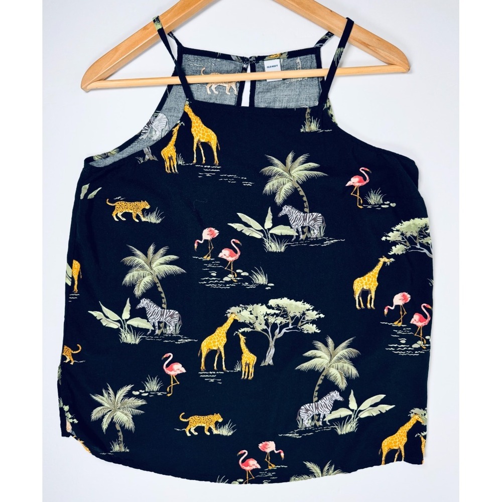 Old Navy Tank Top Blouse Womens Medium Black Safari Animal Rayon Tropical Resort